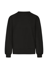 Melna kapuce jaka ar garām piedurknēm, noapaļotu apkakli un ribotām aprocēm. Ar vienkāršu, vienkrāsainu dizainu bez rakstiem vai aksesuāriem.