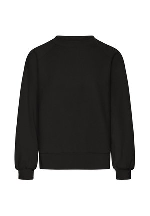 Juodas džemperis su ilgomis rankovėmis, apvaliu iškirpimu ir raštuotais rankogaliais. Yra paprastos, vientisos spalvos, be raštų ar metalinių detalių.