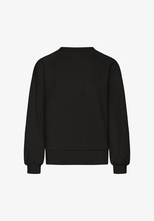 Sweat-shirt noir à manches longues, col rond et poignets côtelés. Présente une couleur unie et simple, sans motifs ni détails matériels.