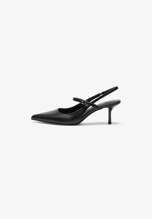 Black leather slingback heels with a pointed toe, slender adjustable strap, and a approximately 2-inch stiletto heel, smooth texture.