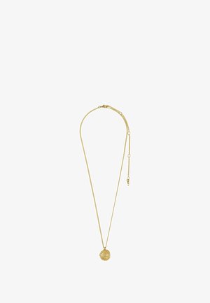 Collier en or avec une chaîne délicate et un pendentif rond présentant un motif en spirale. Le pendentif a une surface texturée.