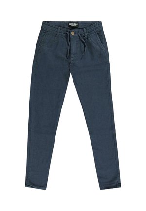 Donkerblauwe casual broek gemaakt van een lichtgewicht materiaal. Voorzien van een taille met trekkoord, knoopsluiting en een slim-fit ontwerp.