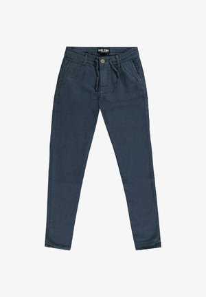 Donkerblauwe casual broek gemaakt van een lichtgewicht materiaal. Voorzien van een taille met trekkoord, knoopsluiting en een slim-fit ontwerp.