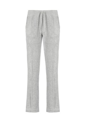 Pantaloni sportivi grigi chiari realizzati in tessuto morbido, con vita elasticizzata e cordino, tasche laterali e dettagli in piping lungo le gambe.