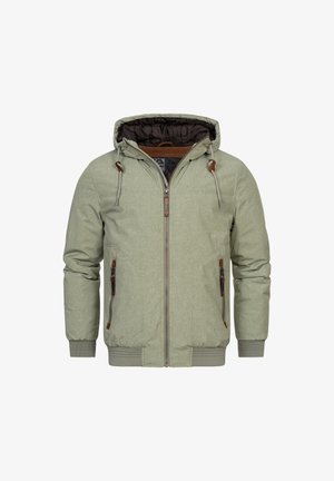 Light green padded jacket with a hood, featuring a zip front, two side pockets, and leather accents on the zipper and drawstrings.