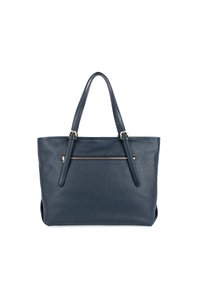 Borsa tote in pelle blu navy con due manici, tasca con zip sul davanti e dettagli in metallo dorato. Texture liscia, forma rettangolare.