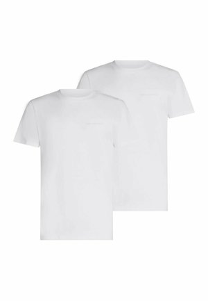 Zwei schlichte weiße T-Shirts mit kurzen Ärmeln und Rundhalsausschnitt nebeneinander auf weißem Hintergrund abgebildet.
