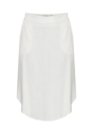 Balta lininė sijonas su lygiu paviršiumi, iki kelių, su išlenktu sijono kraštu ir paslėptais šoniniais kišenėmis. Paprastas, minimalistiškas dizainas.