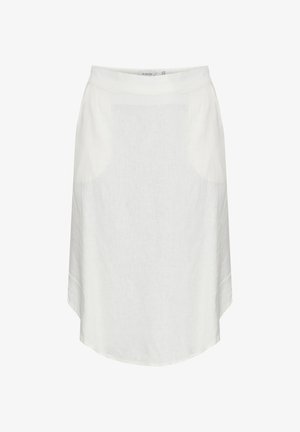 Balta lininė sijonas su lygiu paviršiumi, iki kelių, su išlenktu sijono kraštu ir paslėptais šoniniais kišenėmis. Paprastas, minimalistiškas dizainas.