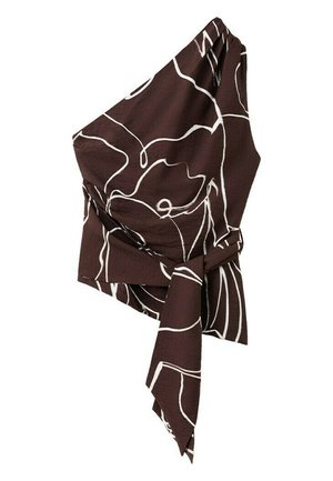 Top marrón de un solo hombro con patrones abstractos de líneas blancas y un detalle de nudo atado en la cintura.