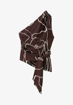 Braunes One-Shoulder-Top mit abstrakten weißen Linienmustern und einem gebundenen Knotendetail an der Taille.