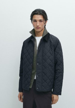 Junger Mann, der eine dunkle Steppjacke über einem grauen Reißverschlusspullover und einem weißen Hemd trägt, und vor einem schlichten hellen Hintergrund steht.