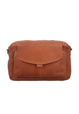 Mittelbraune Leder-Crossbody-Tasche mit einer vorderen Klappentasche und Reißverschluss, abgerundeten Ecken und dezenter Markenprägung unten rechts.
