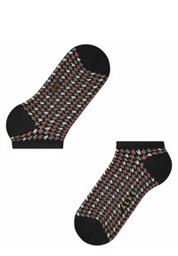 Schwarze Knöchelsocken mit einem geometrischen Muster in Rot, Creme und Blau, aus strukturiertem Strick und mit verstärkten Fersen- und Zehenbereichen.