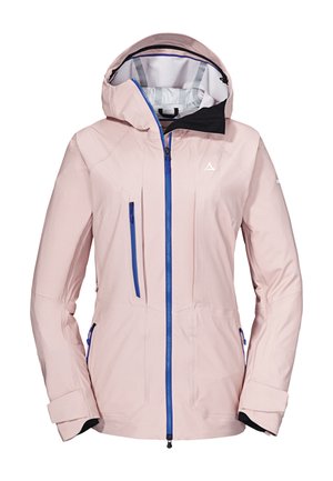 Giacca impermeabile rosa chiaro con cappuccio, dotata di cerniera blu e tasche a contrasto. Realizzata in tessuto liscio e testurizzato con polsini regolabili.