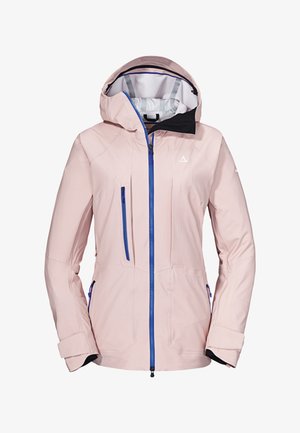 Light pink waterproof jacket with a hood, featuring a blue zipper and accent pockets. Made from smooth, textured fabric with adjustable cuffs.