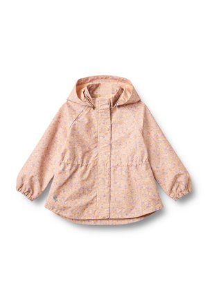 Dziecięcy płaszcz przeciwdeszczowy z kapturem w jasnoróżowym kolorze z drobnym fioletowo-pomarańczowym kwiatowym wzorem, elastycznymi mankietami i przednim zamkiem ukrytym pod listwą.