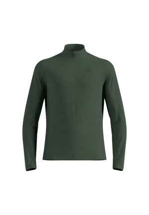 Dark green long-sleeve top with a stand-up collar and a half-zip front, made of smooth, stretchy fabric. Features a small logo on the chest.