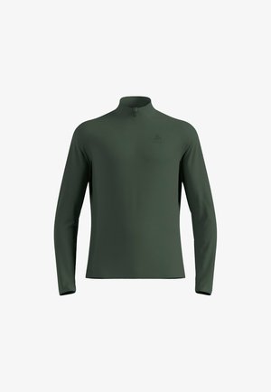 Dark green long-sleeve top with a stand-up collar and a half-zip front, made of smooth, stretchy fabric. Features a small logo on the chest.