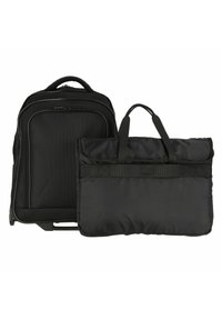 Black laptop backpack with textured nylon exterior, zippered compartments, and padded handles. Includes a detachable, padded laptop sleeve.