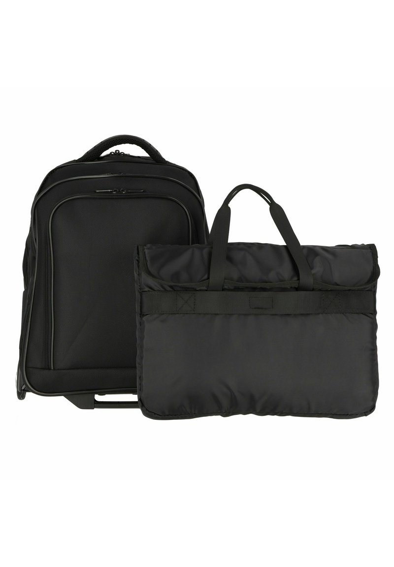 Black laptop backpack with textured nylon exterior, zippered compartments, and padded handles. Includes a detachable, padded laptop sleeve.