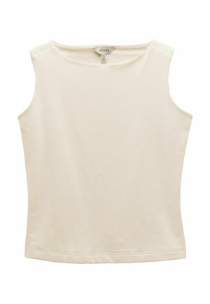 Top fără mâneci, de culoare alb-crem, pentru femei, cu decolteu rotund și tiv drept, etichetă cu brandul "Joules" vizibilă în interiorul gulerului.