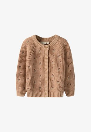 Beige strikket cardigan med rund hals, knapper foran og blomsterbroderi som dekor. Har ribbestrikkede mansjetter og kant.