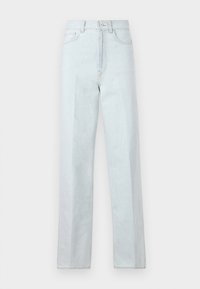Light blue denim wide-leg jeans with a high waist, featuring a front zipper, button closure, and classic five-pocket design.