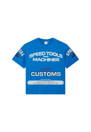 Maglietta blu a maniche corte con testo bianco e rosso che recita "Speed Tools and Machines Customs" e "Keep Your Motor Dependably Lubricated."