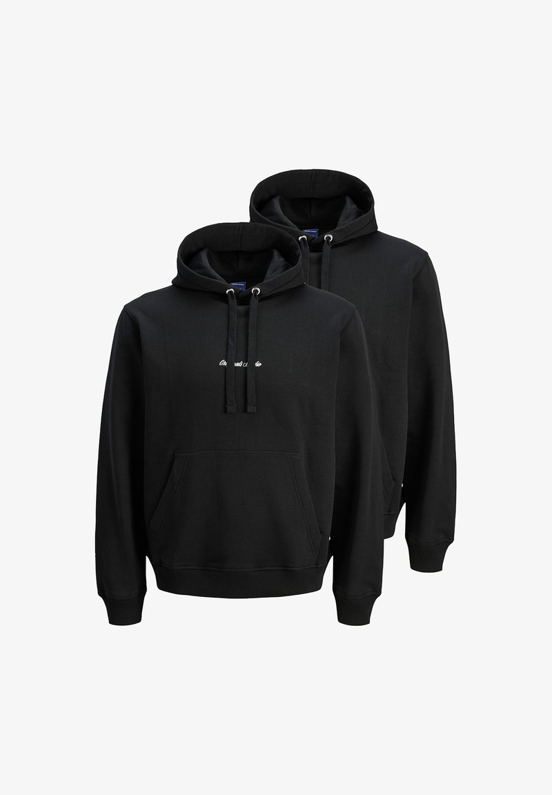 Black hooded sweatshirts with front pocket, drawstrings, ribbed cuffs, and hem; featuring subtle logo detail on the chest.