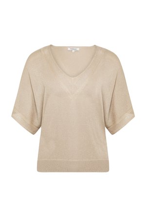 Beige korte mouw trui met een V-hals, gemaakt van een zachte, gestructureerde stof, met een subtiele glans en geribbelde accenten op de mouwen en de zoom.