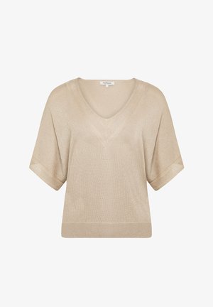 Beige korte mouw trui met een V-hals, gemaakt van een zachte, gestructureerde stof, met een subtiele glans en geribbelde accenten op de mouwen en de zoom.