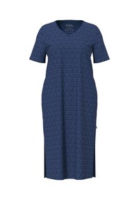 Vestido midi azul marino con mangas cortas y escote en V, decorado con pequeños círculos blancos delineados, con aberturas laterales en el dobladillo.