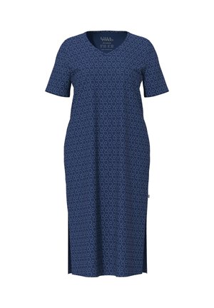 Navyblaues Midikleid mit kurzen Ärmeln und V-Ausschnitt, gemustert mit kleinen weißen Umrisskreisen, mit seitlichen Schlitzen am Saum.