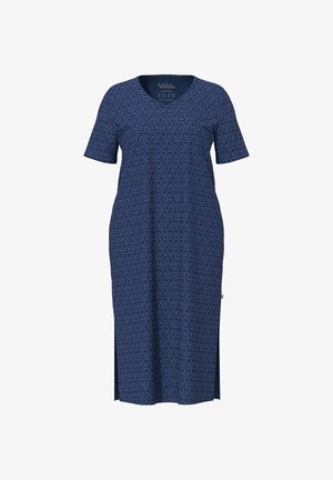 Navyblaues Midikleid mit kurzen Ärmeln und V-Ausschnitt, gemustert mit kleinen weißen Umrisskreisen, mit seitlichen Schlitzen am Saum.