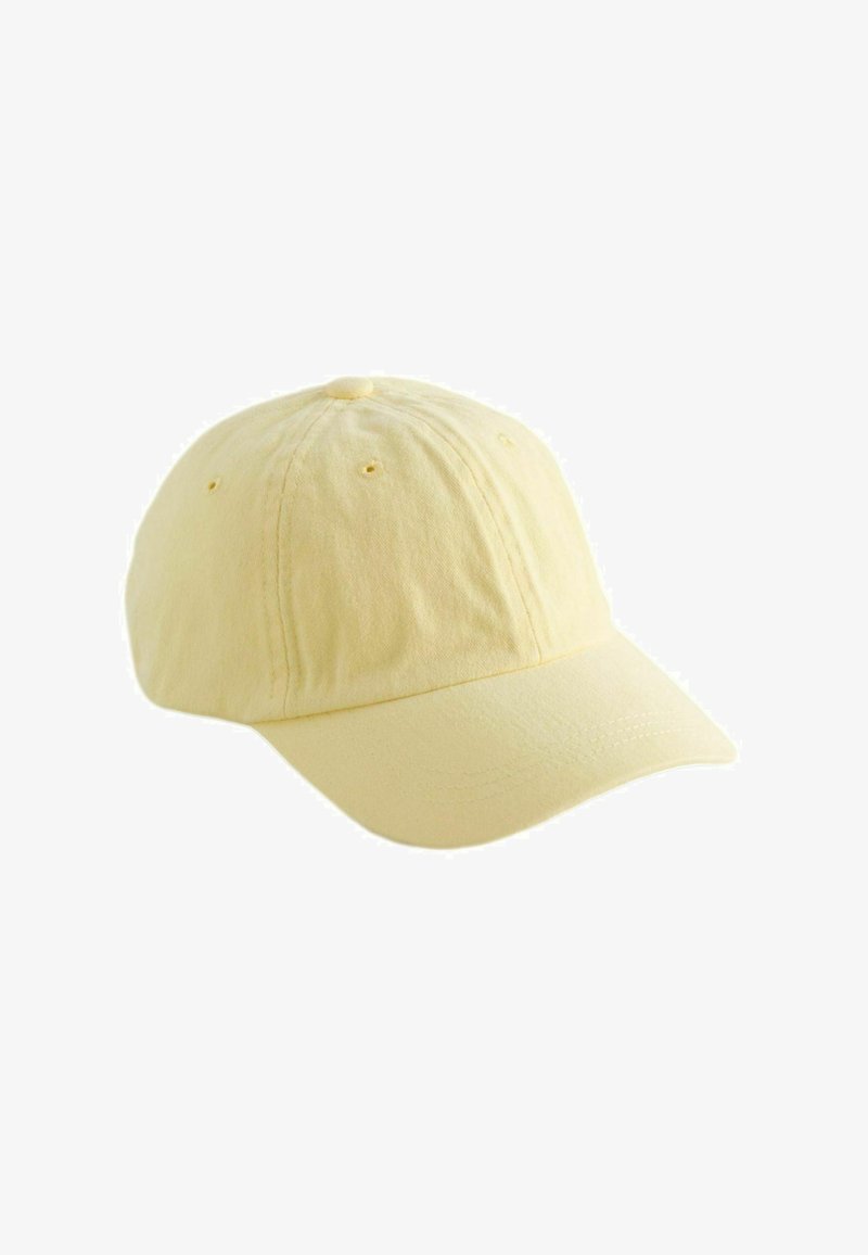 Gorra de béisbol de algodón amarilla con visera curva, detalles cosidos y orificios de ventilación. Textura suave y diseño ligero.