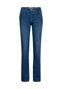Denim jeans in dark blue with a straight-leg cut, featuring front pockets, a zippered pocket, and a button closure. Smooth texture.