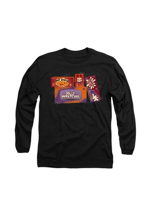 Black long-sleeve shirt featuring a graphic with colorful snack packaging designs for "Jolly Wrecher," "Hot Snot," and "Pop Farts."