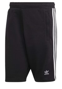 Juodos medvilnės mišinio šortai su elastinga juostos juosta, balta trijų juostų dizainas šonuose ir mažas adidas logotipas kairiajame šlaunyje.