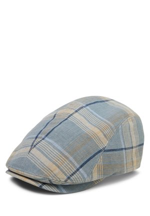 Czapka typu flat cap z niebieskim, jasno-brązowym i beżowym wzorem w kratę, z małym daszkiem i miękką, zaokrągloną koroną.