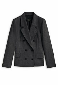 Blazer grigio doppiopetto realizzato in tessuto texturizzato, con rever a scasso, due tasche frontali e bottoni neri.