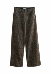 Weit geschnittene, braune Denim-Hosen mit einem schwarzen Leopardenmuster. Verfügt über fünf Taschen und einen vorderen Knopfverschluss. Klassisches Jeans-Design.