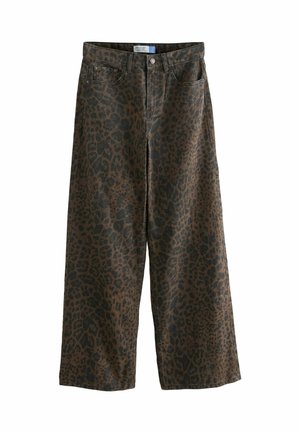 Weit geschnittene, braune Denim-Hosen mit einem schwarzen Leopardenmuster. Verfügt über fünf Taschen und einen vorderen Knopfverschluss. Klassisches Jeans-Design.
