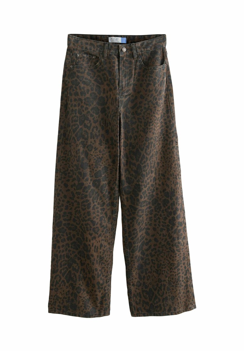 Weit geschnittene, braune Denim-Hosen mit einem schwarzen Leopardenmuster. Verfügt über fünf Taschen und einen vorderen Knopfverschluss. Klassisches Jeans-Design.