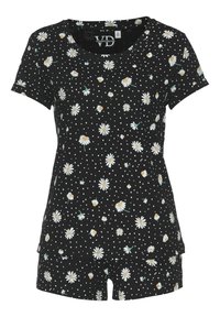 Schwarzes kurzes Pyjama-Set mit Rundhalsausschnitt, kurzen Ärmeln und einem floralen Muster mit weißen Gänseblümchen und blau-grünen Akzenten.