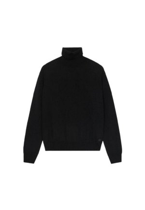 Černý rolák vyrobený z hladkého materiálu, s dlouhými rukávy, přiléhavým střihem a žebrovaným lemem, s malým logem na spodní části.