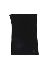 Sort strikket halskrave med en glat tekstur, rektangulær form og et lille logo-patch på den ene side.