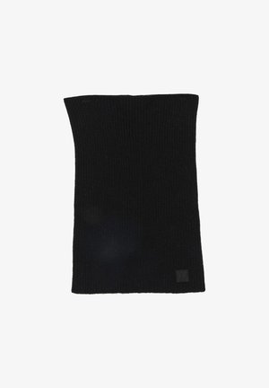 Musta kudumine kaelus, millel on sile tekstuur, ristkülikukujuline kuju ja väike logoplaat ühel küljel.