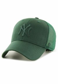 Dark green baseball cap with a solid front, mesh back, and an embroidered NY logo on the front, featuring a curved brim and textured fabric.