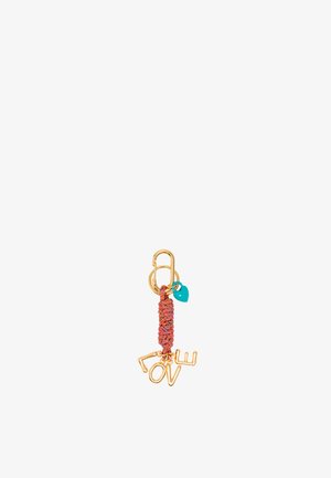 Llave metálica dorada con cordón trenzado multicolor, que presenta un charm en forma de corazón turquesa y la palabra "AMOR" en letras doradas.